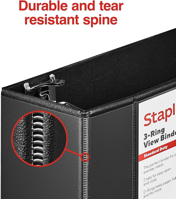 Staples 5" 3-Ring View Binder, D-Ring, Black (55441/26359)