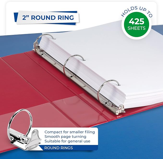 Samsill 2 Inch 3 Ring Binders, Economy Round Ring, Clear View Cover, 425 Sheet Capacity - for School, Home, Office - Red, 12 Pack
