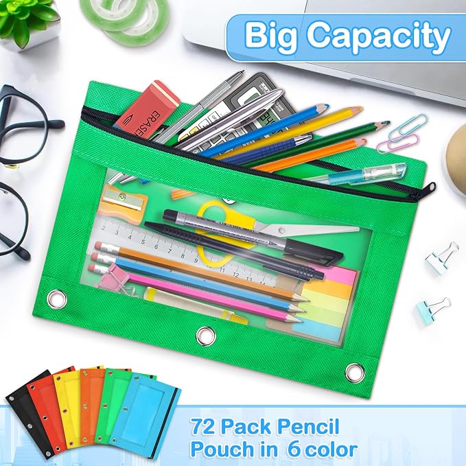 72 Pack Pencil Pouch For 3 Ring Binder | Pencil Pouch In 6 Assorted Colors, Smooth Zipper Pencil Pouches Bulk For School and Office Supplies With Clear Window