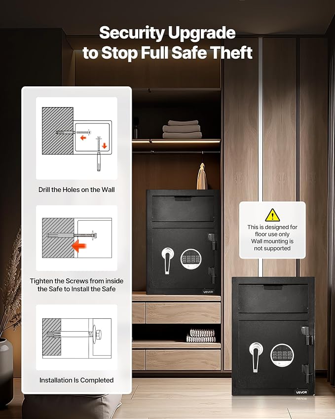 VEVOR 1.2 Cubic Feet Drop Safe, Large Capacity Front Drop Slot Safe Box with Digital Keypad, Heavy Duty 2 Tiers Cash Depository Box with Spare Keys for Cash, Bank Slip, Jewelry, Document, Bill, Black