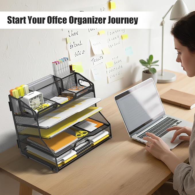 YINGHUA 5-Tier Mesh Desk Organizer, Letter Tray - Black | Sturdy steel mesh with 3 sliding trays, 2 handles, 6 adjustable top sections. U-shaped design for easy access to office files