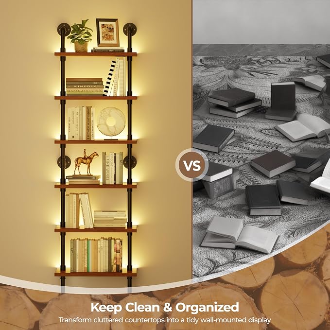 6-Tier LED Ladder Shelf, Wall Mounted Pipe Bookshelf, Walnut Brown 24 Inch | Solid pine 6-tier wall mounted pipe bookshelf with warm LED lights, 30 lb shelves, for books, plants and decor