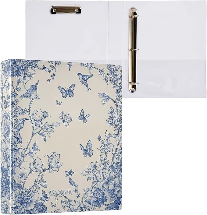 Butterfly Round Ring Binders 1.5 Inch Birds Flowers 3 Ring Clipboard Binder for Office School Work Supplies Document 200 Sheet Capacity Easy Open 2 Pieces