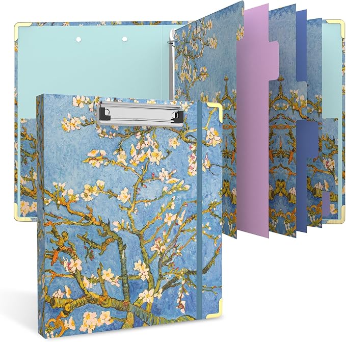 Almond Tree 3 Ring Binder - 1 Inch Round with 6 Tab Dividers, 2 Interior Pockets, Cute Clipboard for School & Office