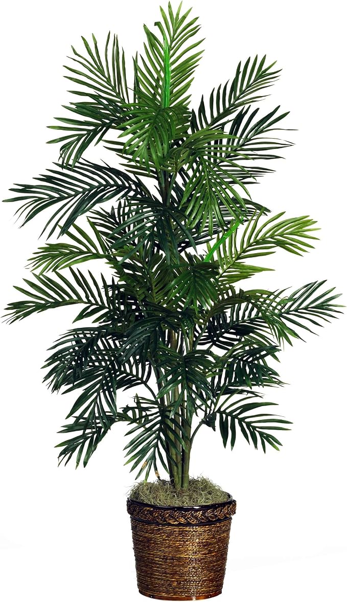 Nearly Natural 56 in Artificial Areca Palm Tree with Basket Floor Plant | Thirty-Two Lifelike Leaves, Wicker Basket Included, Maintenance-Free Indoor Accent, Home and Office Decor