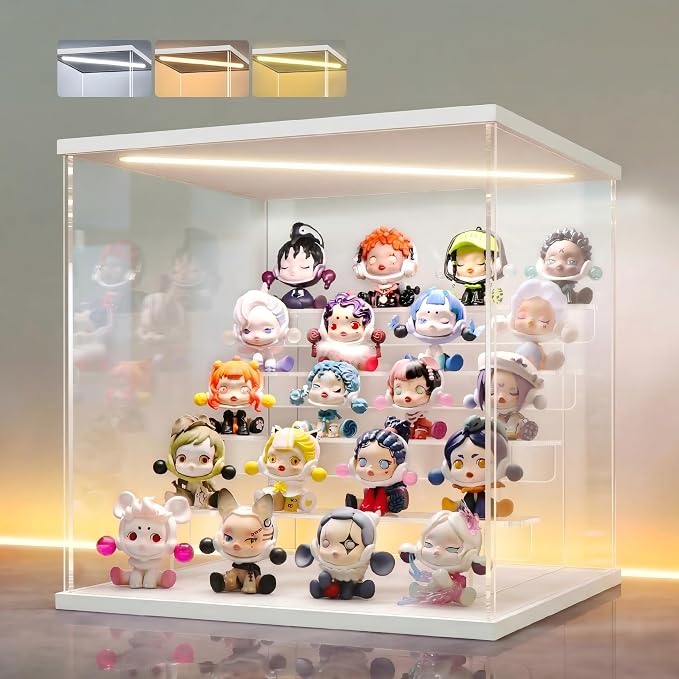 LANSCOERY Acrylic Display Case for Collectibles, 5-Tier LED Light, White | 3mm clear acrylic panels with front door access and tri-color top light for small figures on a desk or shelf.
