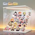 LANSCOERY Acrylic Display Case for Collectibles, 5-Tier LED Light, White | 3mm clear acrylic panels with front door access and tri-color top light for small figures on a desk or shelf.