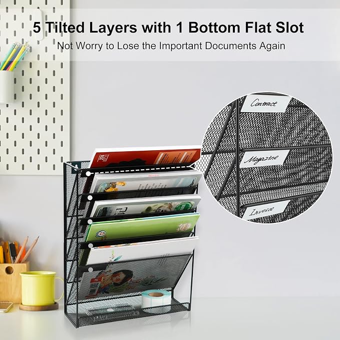 EasyPAG 5 Tier Wall File Holder, Mesh Hanging Folder Organizer with Classify Label, Versatile Desk File Holder, Vertical Wall Mounted Mail Organizer for Office Home Cubicle, Black