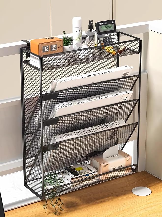5 Tier Mesh Wall File Organizer,3 Pockets vertical Mount Hanging Organizer with Top/Bottom Tray | 2 Hooks | Wall Mount & Door Hanging for Office Home