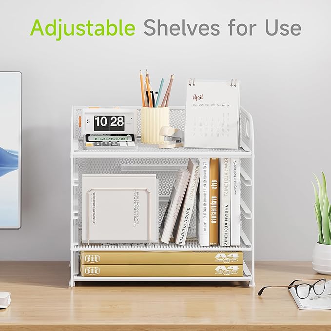 Cawukege 5 Tier Paper Organizer with Handle, White Metal Mesh Desk Organizer File Folder Paper Letter Tray Desktop Document Sorter for Classroom, School, Office Accessories Organization and Storage