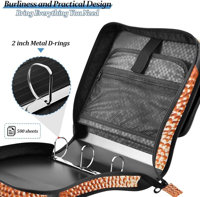 Custom Basketball Ball Skin 3 Ring Binder Bag 1.5 inch Personalized Name Binder Organizer 500 Sheet Documents Storage for School Office