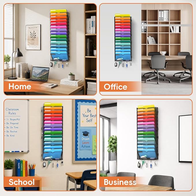 15-Tier Wall File Organizer with Hook, Hanging File Organizer Black | Wall-mounted mail storage holds papers, folders, files, clipboards and magazines, assembly required for office or home use.