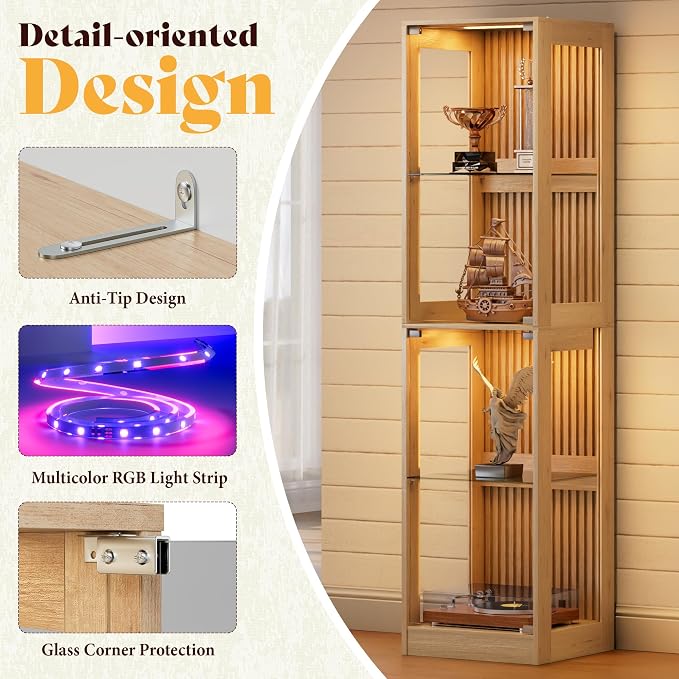 AMERLIFE 16-Inch RGB Display Cabinet | 70 H x 16 W x 16 D In, 4-Tier Storage, Adjustable Shelves, RGB LED Lights, for Collectibles, Wood-Grain Slatted Finish