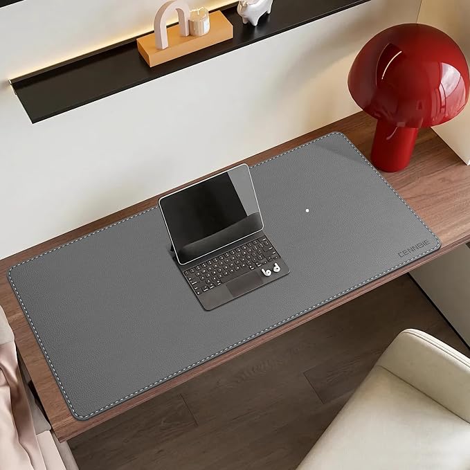 CENNBIE 35.5" x 16" Leather Desk Mat, Computer Mouse Pad for Office(Grey) | Premium Stitched Edges Resist Wear. Waterproof, Non-Slip & Easy To Clean. Protects Desk From Scratches. For Office & Home.
