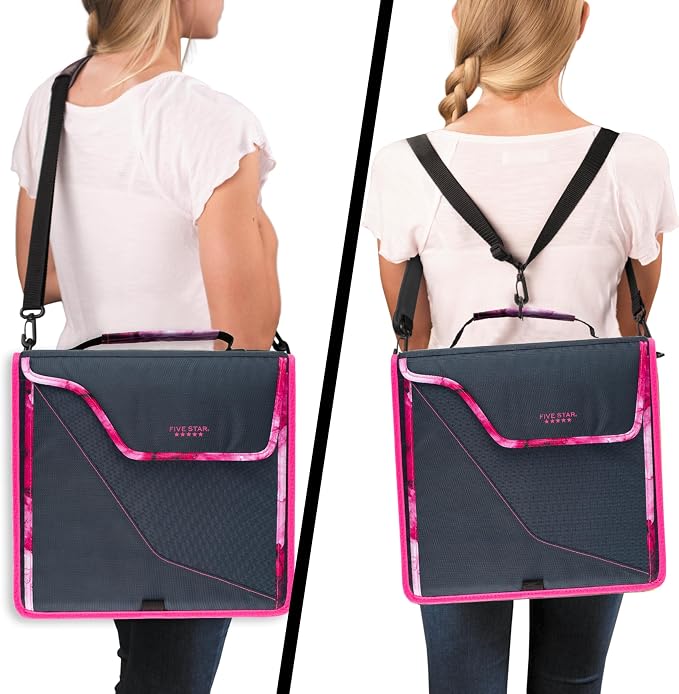 Five Star Zipper Binder, 3 Inch 3-Ring Binder with D Rings, Removable Padded Case, 5-Tab Expanding File and Multi-Use Strap, 850 Sheet Capacity, Navy/Pink (292960D)