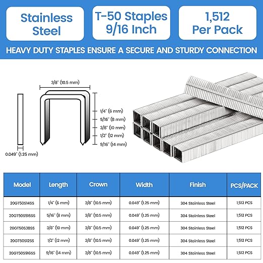 meite T-50 Stainless Steel Staples Marine, 9/16 Inch Heavy Duty Staples for Staple Gun - 1512 Counts, 20 Gauge 3/8 Inch Crown T-50 Upholstery Staple for Salt Water, Marine Applications