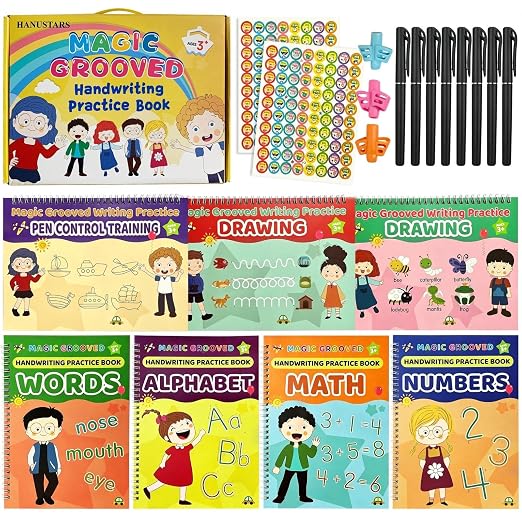 Premium 7 Magic Grooved Writing Practice Kids Books Reusable Hand Writing Practice Book Education Learn Home School Childrens Books Ages 3-8 Preschool