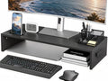 1home Ergonomic Monitor Stand Riser, 21.3 Inch Wood Desktop Stand with Cellphone Holder and Cable Management, Black | Wood Desktop Organizer with Cellphone Holder and Cable Management for PC, Laptop, Printer and Home Office Workspace