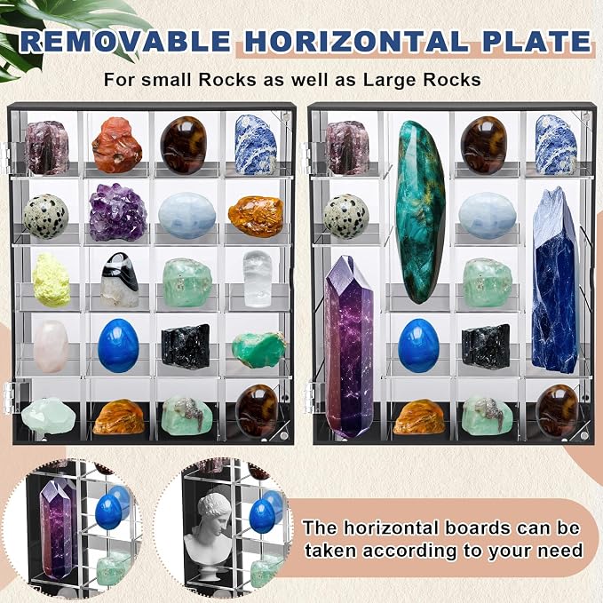 Cinnvoice Rock Display Case 20 Grids,Black Border,Square | Adjustable Acrylic Display Case, Crystal Organizer for Collectible, with Built-in Mirrored, Magnetic Door, Wall Mount