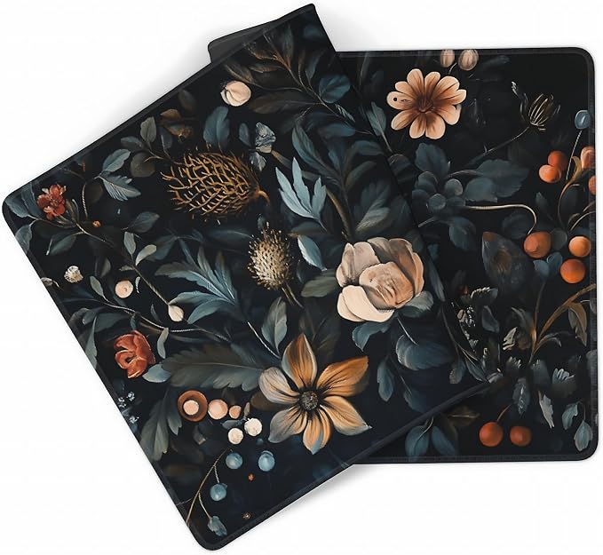 Floral Aesthetic Flower Bud Gaming Mouse Pad, Black Dark Botanical Desk Mat with Anti-Slip Base & Stitched Edges, Office & Home Desk Decor for Women, 35.4" x 15.7" in Computer Desktop Mat