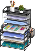 7 Tier Desk File Organizer, Black Metal Letter Tray Paper Organizer with Pull-Out Drawer, Removable Pen Holder & Hanging Basket, Vertical Desktop File Holder for Home Office, Classroom