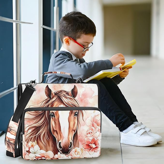 Brown Horse Watercolor Flower 3 Ring Binder Bag 1.5 inch Binder Organizer with Zipper Shoulder Strap 500 Sheet Documents Storage for School Office
