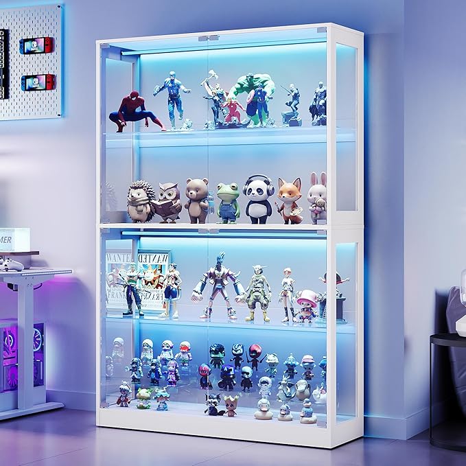 AMERLIFE 45-Inch RGB Display Cabinet with Glass Doors | 70 H x 45 W x 16 D In, 4-Tier Storage, Adjustable Glass Shelves, RGB LED Lights, Press-to-Open Doors, White