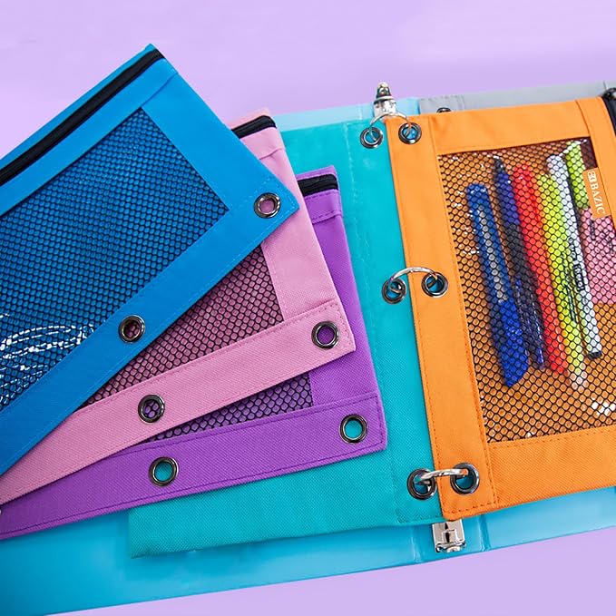 BAZIC PRODUCTS Retro Pastel 3-Ring Pencil Pouch with Mesh Window, 24-Box | clear mesh window and a zipper closure for pens, pencils
