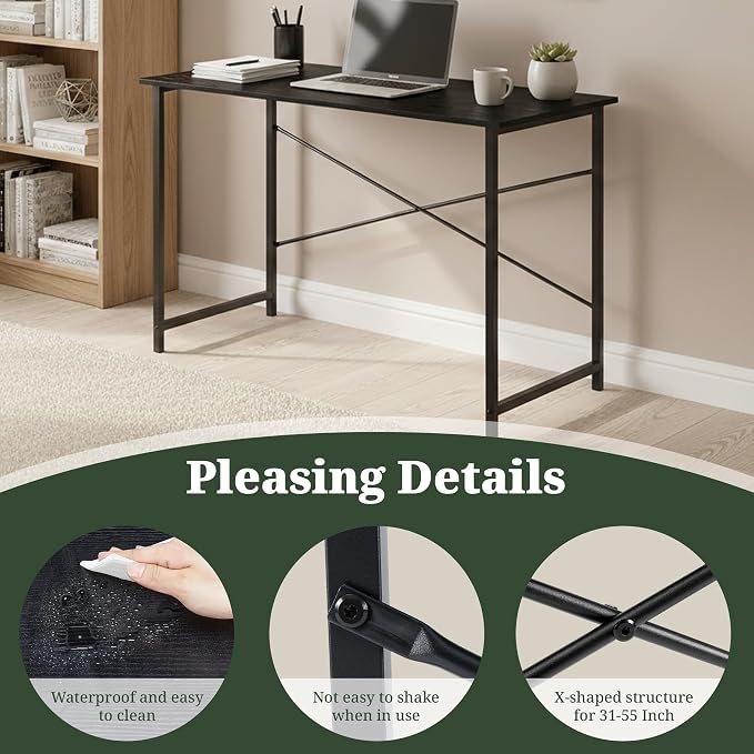 40 Inch Computer Desk, Writing Desk for Home Office Bedroom Study Room | 265 lb Capacity, Reinforced X-Frame, Waterproof MDF Top, Scratch-Resistant Surface, Easy Assembly, Black