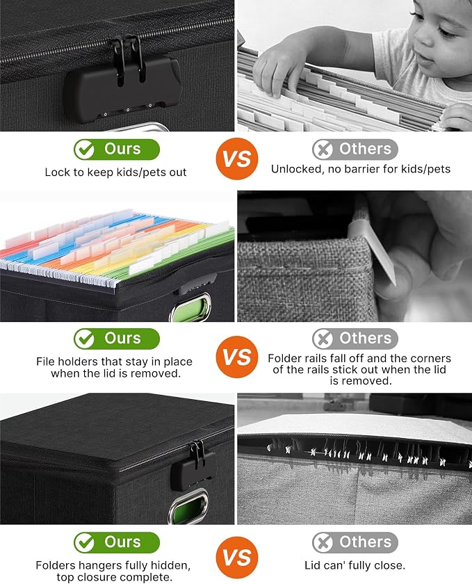 Oterri Lockable File Box Small 1-Pack Hanging Organizer for Letter-Size | Dustproof Lid. 3 Mesh Pockets. Collapsible Scratch-Resistant GRS Linen. Slide Rails. Office, Home, Dorm