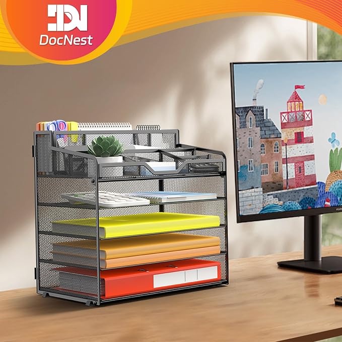 Docnest 5 Tier Mesh Desk Organizer with Letter Tray & Paper Sorter, Black | Features 3 built-in pen holders & 5 adjustable compartments on top. Includes 4 non-slip rubber feet for desk protection