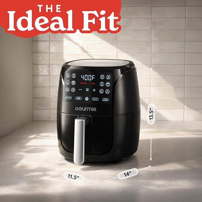 Gourmia Air Fryer - 6 Qt Large Capacity, FryForce 360º, Digital Display with 12 Presets, Roast, Bake, Broil, Dehydrate, Dishwasher Safe Accessories, Black