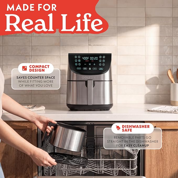 Gourmia Air Fryer - 8 Qt Extra Large Capacity, FryForce360º, Digital Display with 12 Presets, Roast, Bake, Broil, Dehydrate, Dishwasher Safe Accessories, Stainless Steel