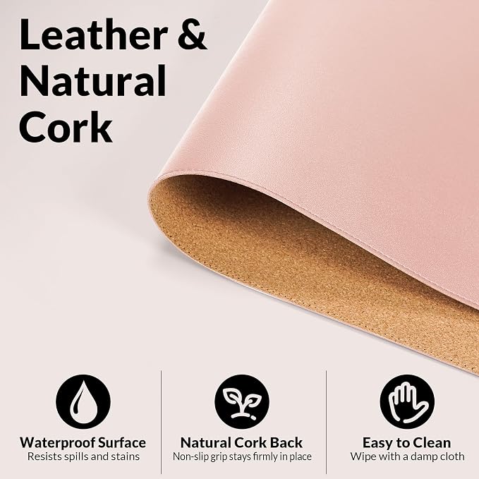 AFIING Leather Desk Pad Protector, Pink, 23.6" x 13.7" | Large Mouse Pad, Dual-Sided PU Leather ,Non-Slip, Waterproof, For Office and Home