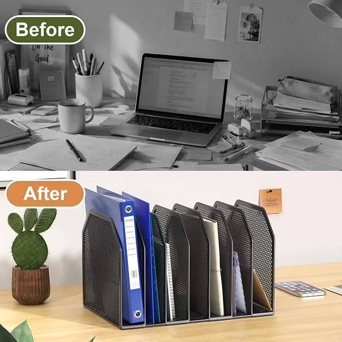 FANXIYQ Black 7-Section File Folder Organizer for Desk, Metal Vertical File Holder Stand, Desktop File Organizer Rack for Letter/A4 Folders, Papers, Books, Office Classroom Home