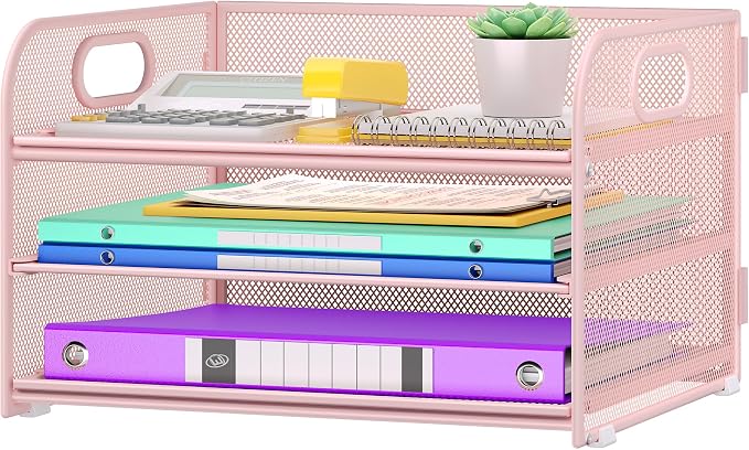 Cawukege 3 Tier Paper Organizer with Handle, Metal Desk Organizer Mesh Paper Letter Tray Desktop File Folder Document Sorter for Classroom, School, Office Accessories Storage (1, Pink)