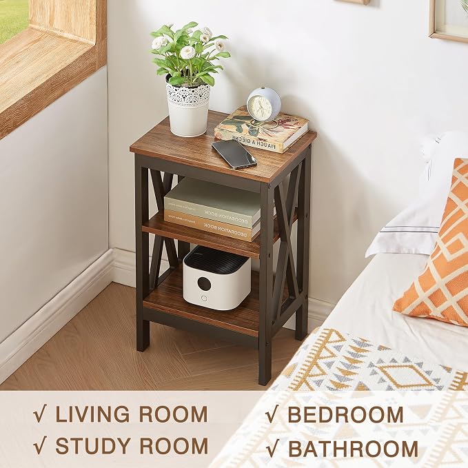 VECELO End Table, Bedside Table, 24" Tall Living Room End Tables, X-Design Reinforced Nightstands, Side Table with 3-Tier Storage Shelves for Small Spaces, Office, Bathroom, Bedroom, Retro Brown