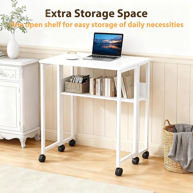 24.8" Folding Desk Rolling Desk with Storage Shelf,Space-Saving Foldable Computer Desk with Wheels,Portable Mobile Couch Sofa Side Table for Small Spaces, Home Office, Study, Easy Assembly,white