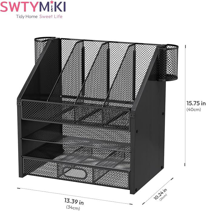 SWTYMIKI Desk Organizer with Drawers - Mesh and Wood Desk File Organizer with Pen Holders, 4-Tier Paper Organizer for Office Organizer and Accessorie, School and Home Storage, Black