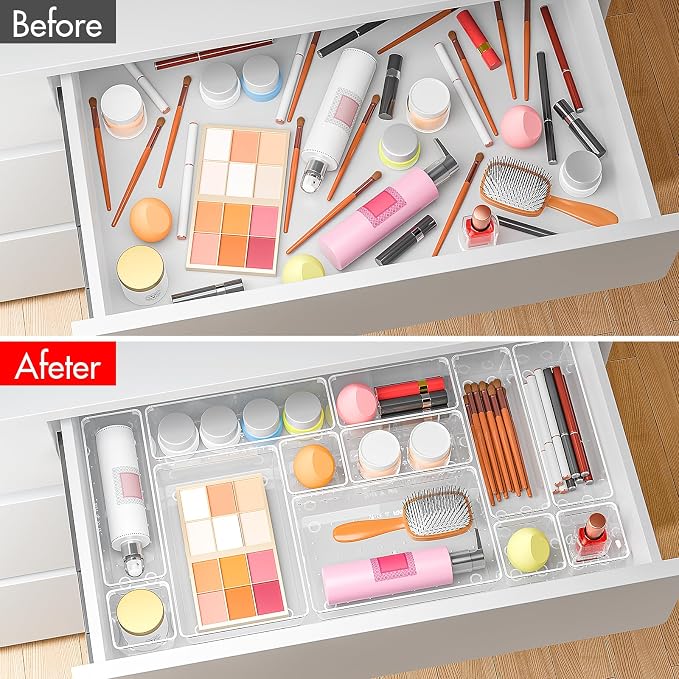 45Pack Makeup Drawer Organizers Set, 4Sizes acrylic desk organizer trays for vanity, bathroom, office, nightstand, junk for kitchen drawer, Versatile plastic drawer divider storage bins