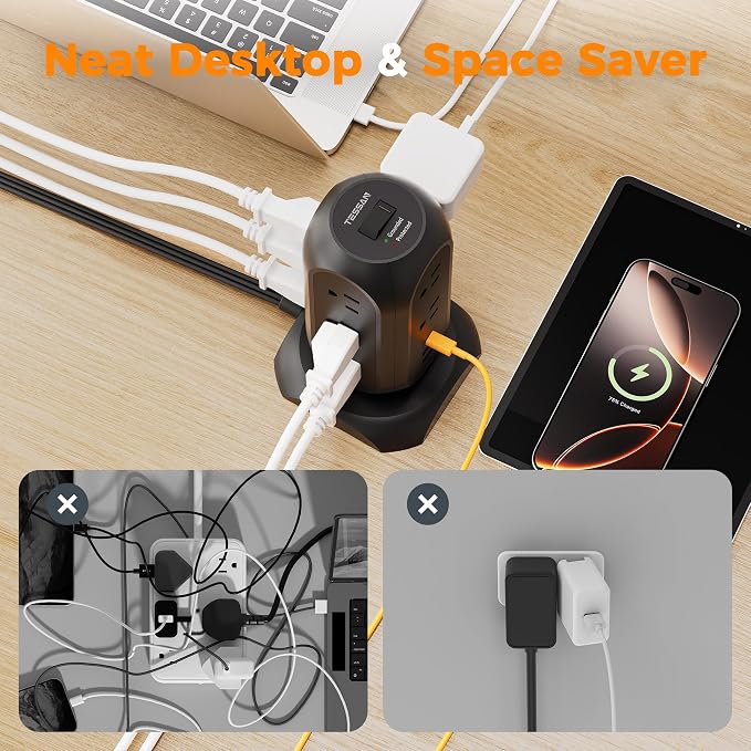 TESSAN Tower Power Strip Flat Plug with 1050J Protection, 10 Ft, Black | 11 Outlets 3 USB (1 USB C), Surge Protector Power Tower, Extension Cord with Multiple Outlets, Dorm, Office Desk Supplies