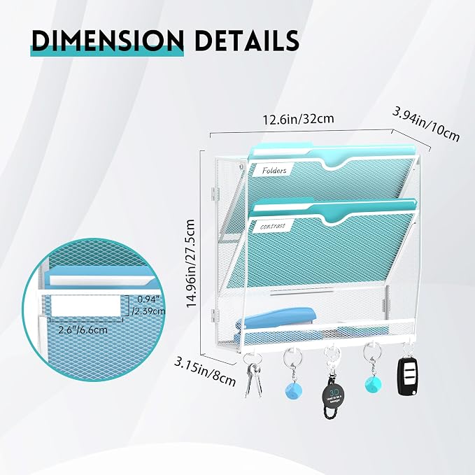 3-Tier Wall File Organizer and Mail Organizer with 5 Hooks, White | Label slots, curved openings, 5 key hooks, and a bottom tray support organized mail, file, and everyday item storage.