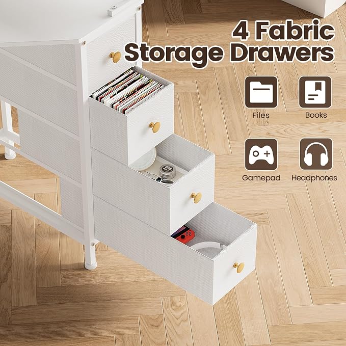 VENNQD Corner Desk with Drawers Shelves for Small Space 90 Degrees Triangle Computer Desk with Power Outlets,Gaming Desk with LED Lights Monitor Stand for Home Office Workstation Writing Table (White)