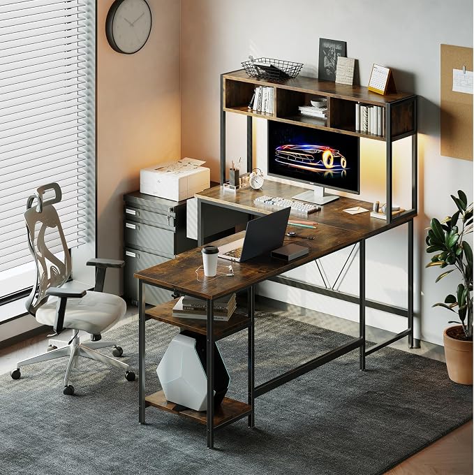 DUMOS 67" L Shaped Gaming Desk, Reversible Computer Desks with LED Lighting | Corner Desk for Compact Spaces, Keyboard Tray & Storage Shelf, Home Office, Rustic Brown