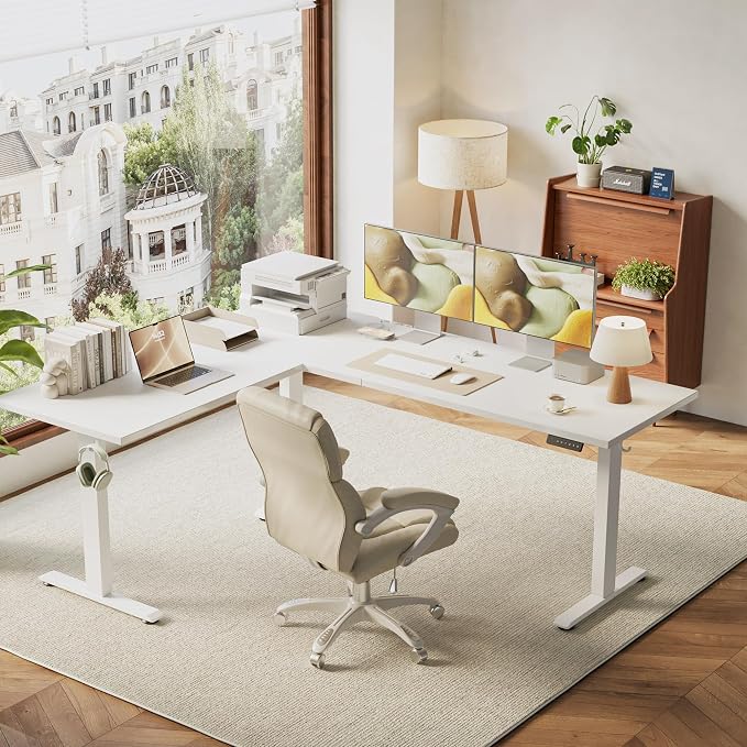 Agilestic 73 x 61 Inch L Shaped Electric Standing Desk, White | Tripple Motor, Corner Desk, Ample Workspace, Memory Presets, Hooks, Stable Steel Frame, 264 lbs, Splice Board