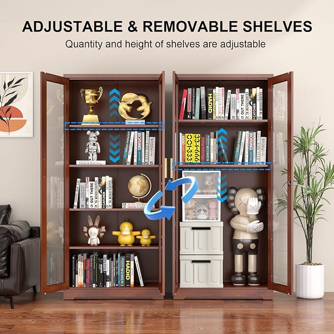 Polup 71" Wood Grain Metal Glass Display Cabinet with Security Lock | 5-Tier Curio Case & Tempered Doors, 4 Adjustable Shelves, Heavy-Duty China Storage for Living Room, School & Commercial