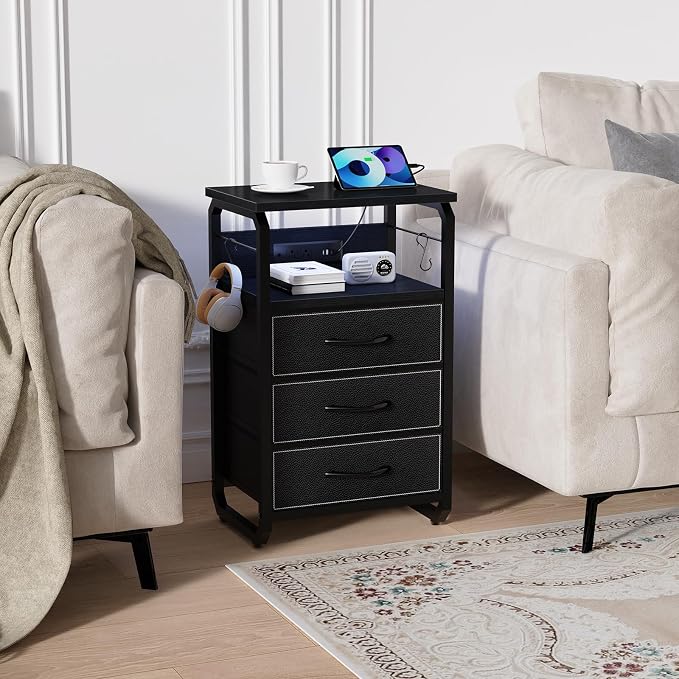 runjuly End Table with LED Light, Charging Station and Hooks, Modern Black | 3 Fabric Drawers Storage, Type C & USB Ports & Power Outlets, Industrial Style, Small Nightstand for Living Room / Bedroom