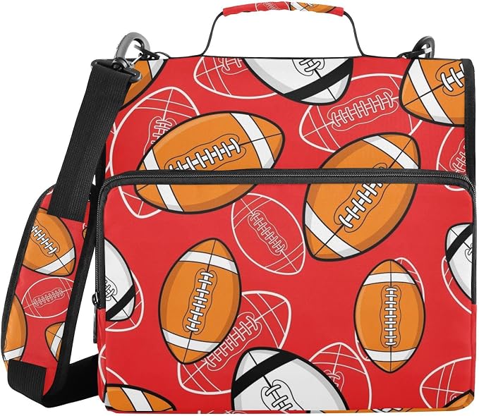 Sports Football Red Print Zipper Binder Bag 3 Ring with Shoulder Strap & Handle Multi Pocket Binder Organizer Bag Large Capacity for School Office Supplies