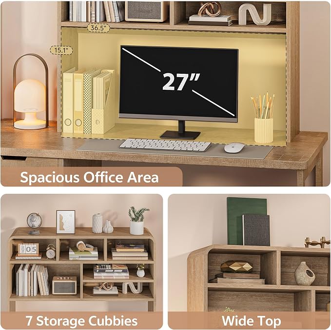 5-Tier Desk Shelf, 37.4''W Desktop Bookshelf for Computer Monitor | Desktop Organizer Shelf Storage Rack with 6 Cubbies, 5-Level Desk Hutch Display Rack for Home, Office, Dorm, Vanity, Natural