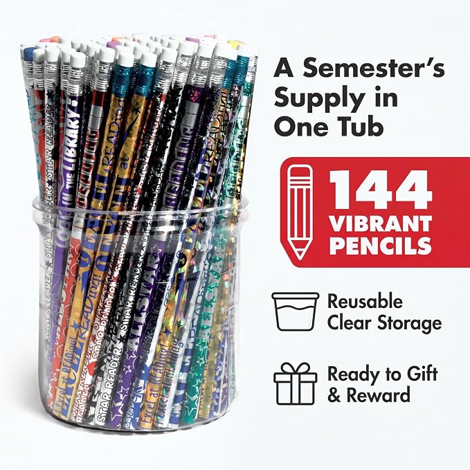 Anderson's Reading Pencil Tub, Fun & Colorful Pencils, Perfect for School Supplies, Classroom Rewards, Creative Writing, Party Favors, and Motivational Gifts